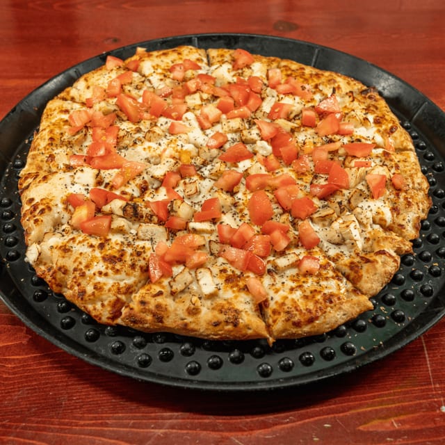 Gourmet garlic chicken pizza.
