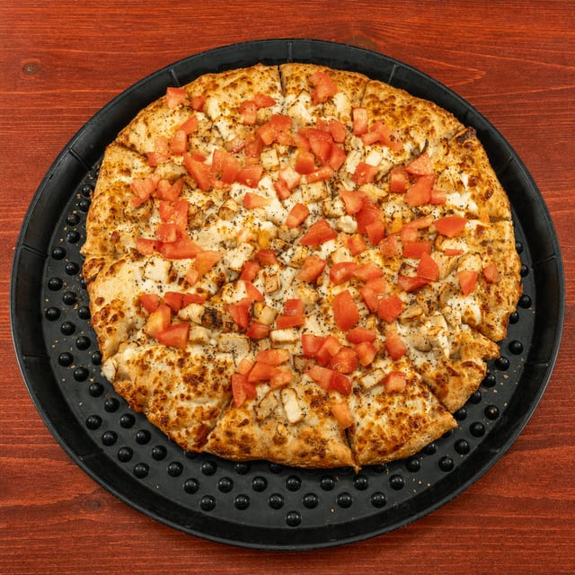 Gourmet garlic chicken pizza.